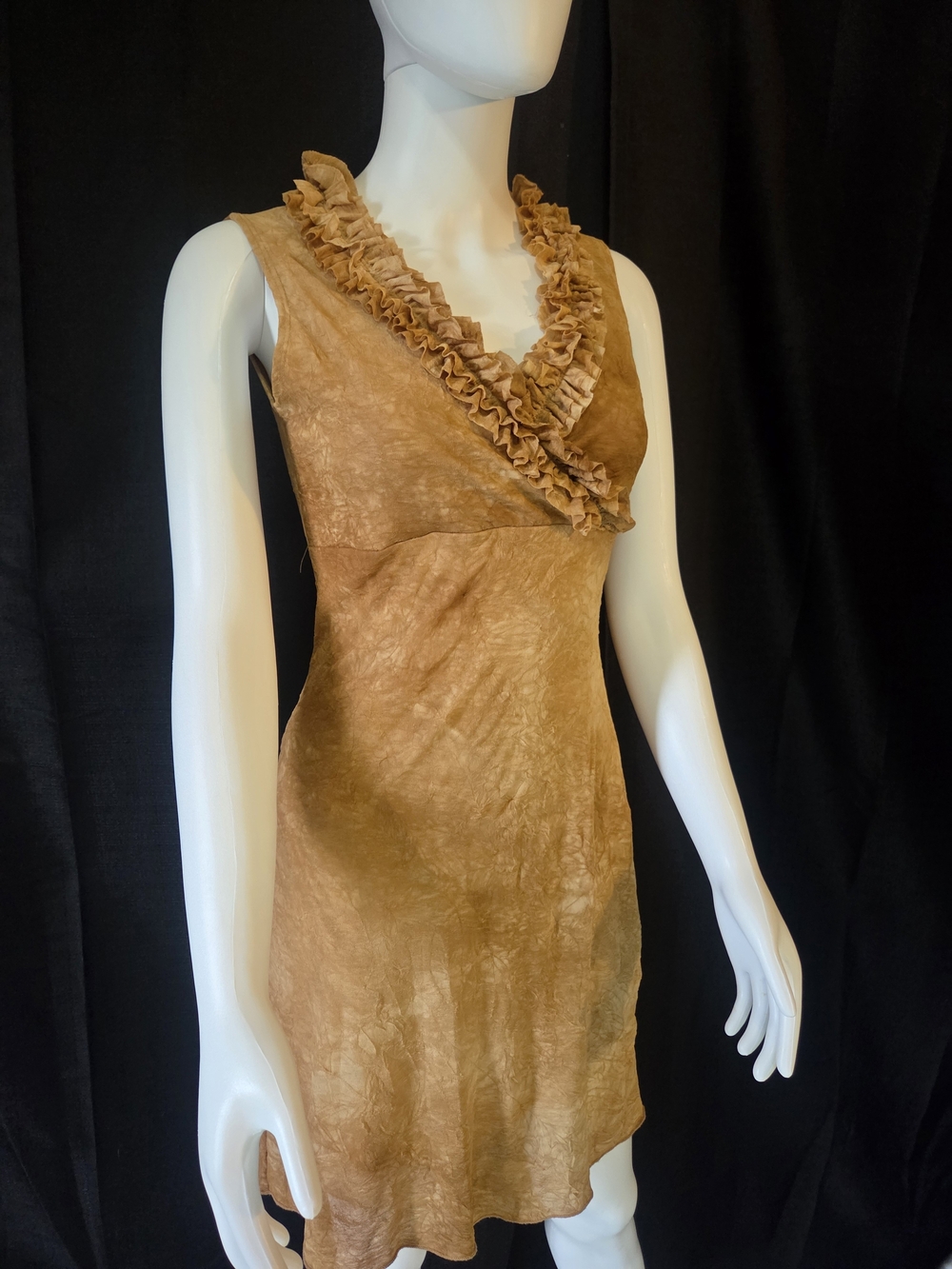 Vintage Y2K Rave Ruffle V-Neck Sleeveless Mini Dress Tan Brown Grunge Boho S - Picture 1 of 12